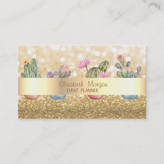 Moderne Elegante Glittery Bokeh Succulenten Visitekaartje (Voorkant)