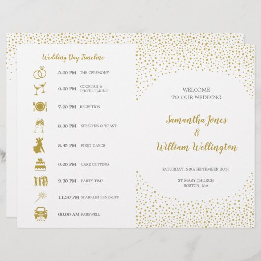Moderne Elegante Gouden Confetti Trouwprogramma (Voorkant / Achterkant)