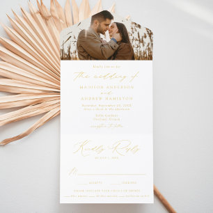 Moderne Elegante Gouden Folie Script Fotobruiloft All In One Uitnodiging