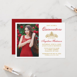 Moderne Elegante Gouden Kroon Foto Rode Quinceaner Kaart