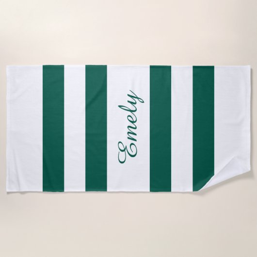 Moderne elegante Green White Stripes Pattern Name Strandlaken (Voorkant)