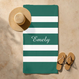 Moderne elegante Green White Stripes Pattern Name Strandlaken