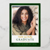 Moderne Elegante Groene Gouden Afstudeeraankondigi Folie Uitnodiging (Voorkant)