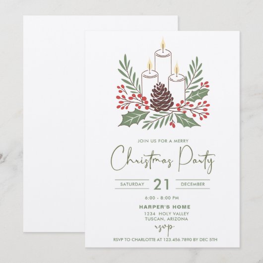 Moderne elegante kaarsen en gebladerte kerstfeest kaart (Voorkant / Achterkant)