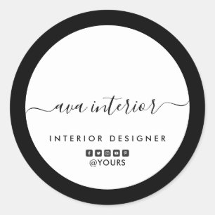 Moderne Elegante Kalligrafie Ontwerper B&W Social Ronde Sticker