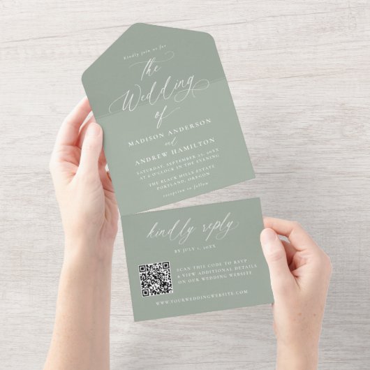 Moderne elegante kalligrafie Sage Green Wedding All In One Uitnodiging (Afscheurbaar)