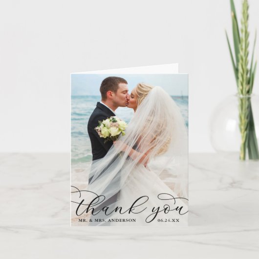Moderne Elegante Kalligrafie Trouwfoto Note B Bedankkaart (Voorkant)