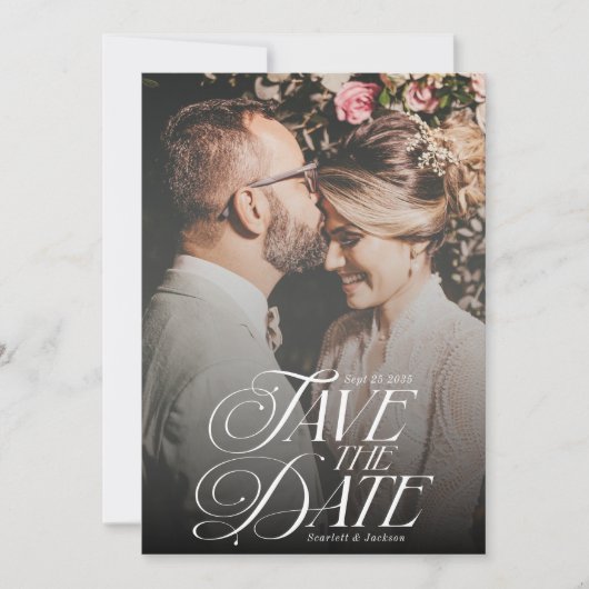 Moderne Elegante Kalligrafie Verticale Fotobruilof Save The Date (Voorkant)