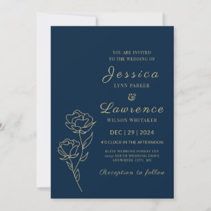 Moderne Elegante Marine blauw en goud Bloemen Huwe Kaart