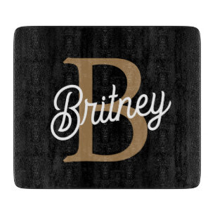 Moderne Elegante Monogram Naam Zwart Goud Schrift Snijplank