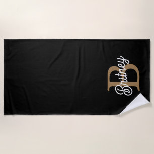 Moderne Elegante Monogram Naam  Zwarte Gouden Schr Strandlaken