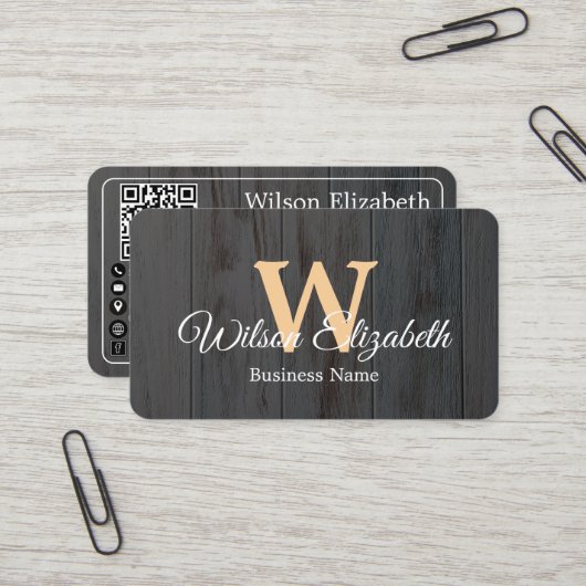 Moderne elegante monogram QR-code visitekaartjes (Voorkant / Achterkant in situ)