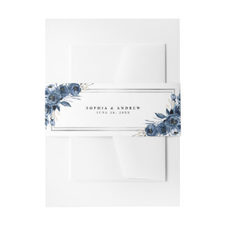 Moderne Elegante Navy Blauwe Botanische Klassieke  Uitnodigingen Wikkel