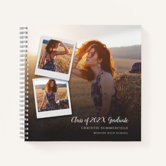 Moderne Elegante Navy Script Foto Afstudeer Gast Notitieboek (Voorkant)