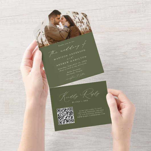 Moderne Elegante Olijfgroene Foto Bruiloft All In One Uitnodiging (Afscheurbaar)