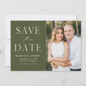 Moderne elegante olijfgroene foto save the date (Voorkant)