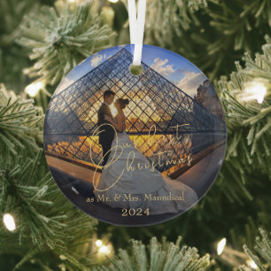 Moderne elegante onze eerste kerst meneer mevrouw glas ornament