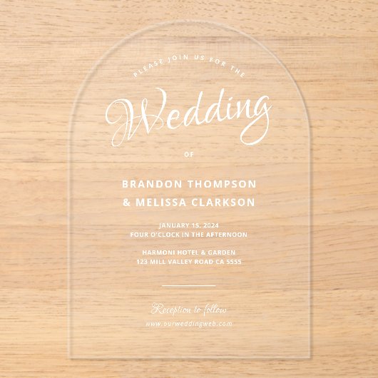 Moderne elegante overlay wit script duidelijke bru acryl uitnodigingen (Voorkant)