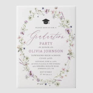 Moderne Elegante Paarse Wildflower Afstudeerfeest Vellum Uitnodigingen