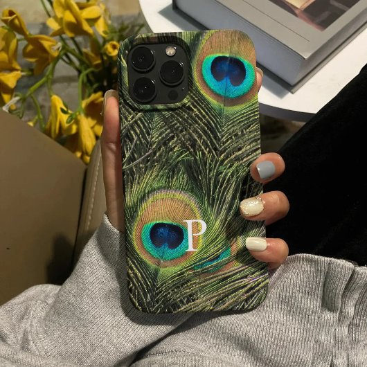 Moderne Elegante Peacock Feather Monogram Telefoon Case-Mate iPhone Case