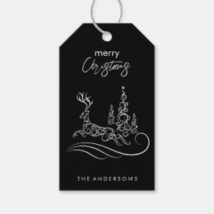 Moderne Elegante Prettig Kerstboom en Rendier Cadeaulabel