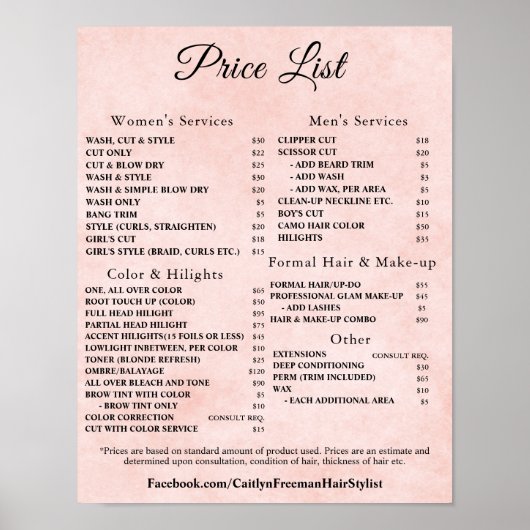 Moderne Elegante Prijslijst Schoonheidssalon Poster (Voorkant)