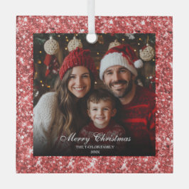 Moderne Elegante Rode Glitter Kerstmis Familiefoto Glas Ornament