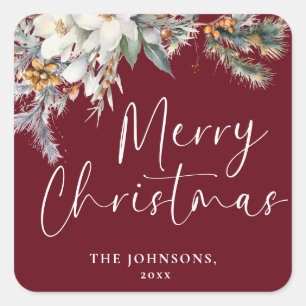 Moderne Elegante Rode Kerst Custom Botanical Vierkante Sticker