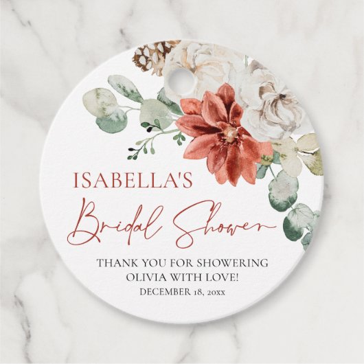 Moderne Elegante Rode Winter Kerst Bruidsdouche Bedankjes Labels (Voorkant)