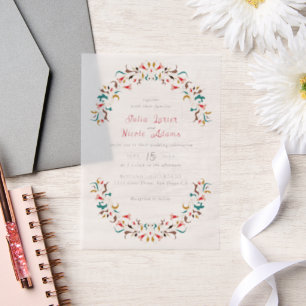 Moderne Elegante Romantische Bloemen Krans Trouwen Vellum Uitnodigingen