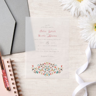 Moderne Elegante Romantische Bloemen Krans Trouwen Vellum Uitnodigingen