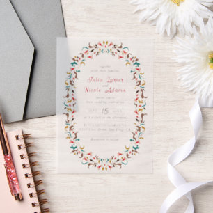 Moderne Elegante Romantische Bloemen Krans Trouwen Vellum Uitnodigingen