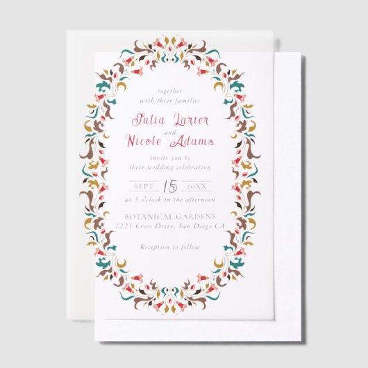 Moderne Elegante Romantische Bloemen Krans Trouwen Vellum Uitnodigingen (Offset)