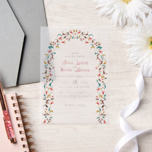 Moderne Elegante Romantische Bloemen Krans Trouwen Vellum Uitnodigingen