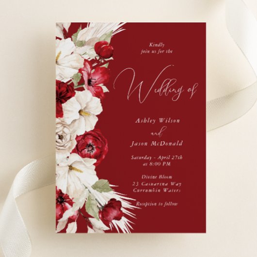 Moderne Elegante Rood & Wit Bloemen Huwelijk Kaart