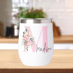 Moderne Elegante Roze Bloem Initialen Monogram