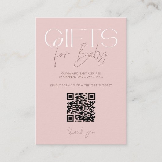 Moderne elegante roze cadeaus Baby shower QR-code Informatiekaartje (Voorkant)