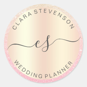 Moderne elegante roze gouden glinsterende trouwpla ronde sticker