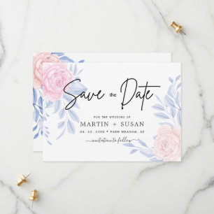 Moderne Elegante Roze Roos Blauwe Minimalistische Save The Date