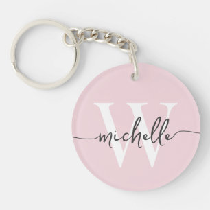 Moderne Elegante Roze Roos Monogram Naam Script Sleutelhanger
