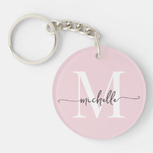 Moderne Elegante Roze Roos Monogram Naam Script Sleutelhanger