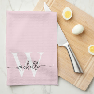 Moderne Elegante Roze Roos Monogram Naam Script Theedoek