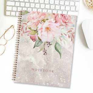 Moderne Elegante Roze Roos Pioen Bloemige Marmer Notitieboek