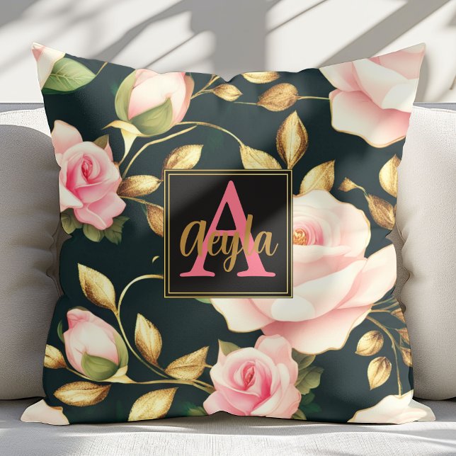 Moderne elegante roze rozen goud bladeren monogram kussen (Creator heeft geüpload)