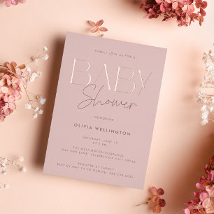 Moderne Elegante Roze Script Baby Shower Goud Folie Uitnodiging