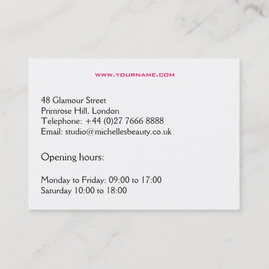 Moderne elegante roze witte kapster schoonheid mei visitekaartje (Achterkant)