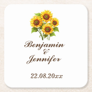 Moderne elegante rustieke Boho zonnebloem bruiloft Vierkante Kartonnen Onderzetter