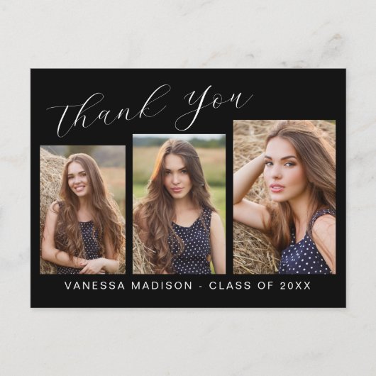 Moderne Elegante Script 3 Foto Afstudeer Bedankt Briefkaart (Voorkant)