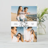 Moderne Elegante Script 3 Foto's Collage Save The Date (Staand voorkant)