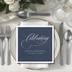 Moderne Elegante Script Funeraal Herdenking Blauw Servet